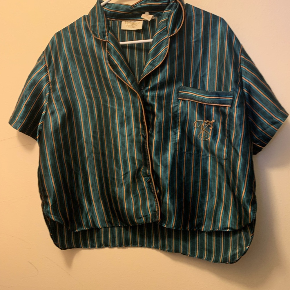 Victoria’s Secret Green and Gold Striped Pajama Top Women’s Size Small